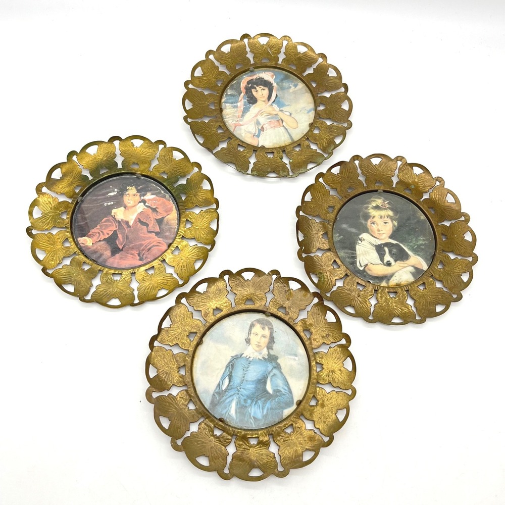 Vintage Brass Miniature Portrait Set of 4 Butterfly Frames Blue Boy Pinkie 6"